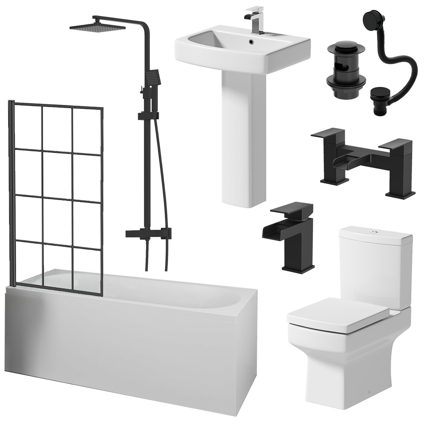 Baystone Complete Bathroom Suite 1700mm Single Ended Curved Bath Black Grid Screen Basin Full Pedestal Close Coupled Toilet WC Thermostatic Mixer Shower Taps Waste
