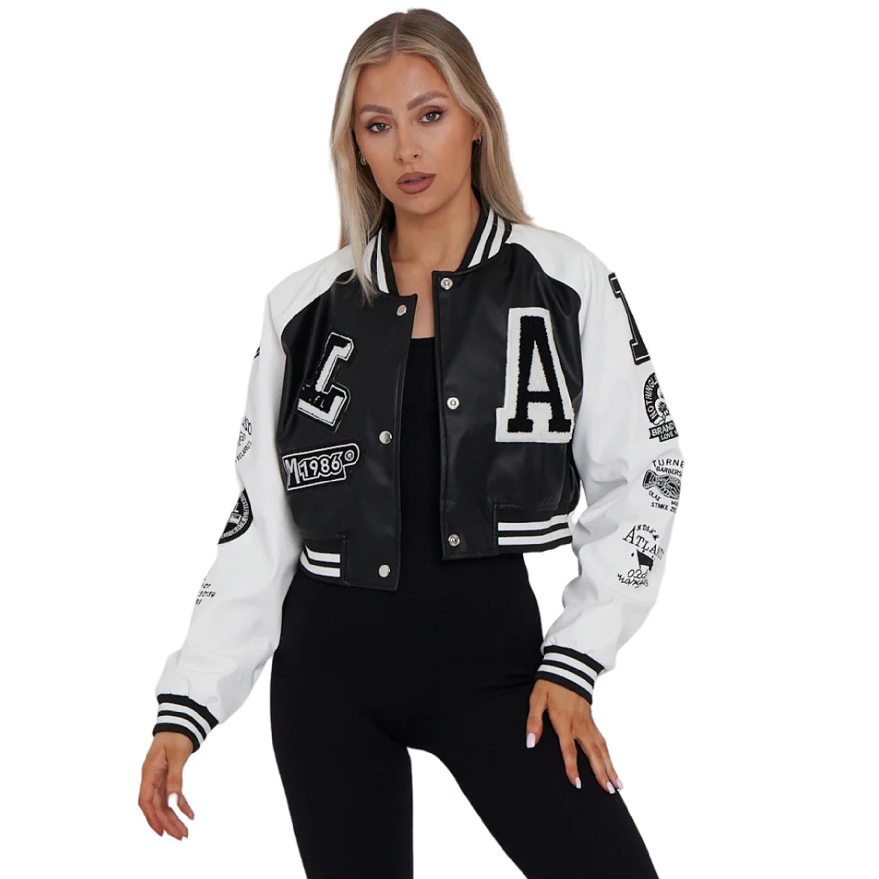 janisramone® Bijgesneden leren jas voor dames met letterdetails op armen en voorkant, kunstleer Varsity Baseball Bomberjack voor dames voor sport en vrijetijdskleding, Zwart, XS janisramone® Bijgesneden leren jas voor dames met letterdetails op armen en voorkant, kunstleer Varsity Baseball Bomberjack voor dames voor sport en vrijetijdskleding, Zwart, XS
