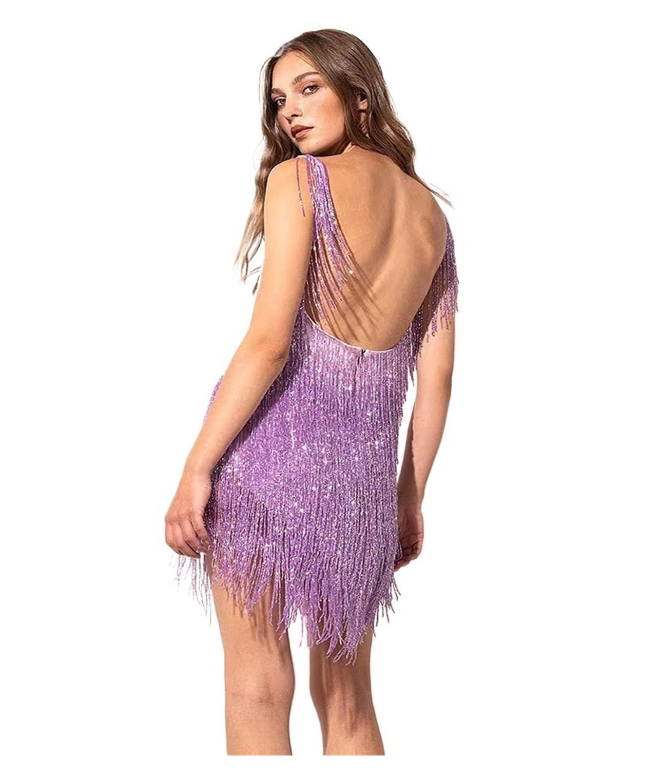 Vestido Flecos Vestido con borlas de lentejuelas, vestido con tirantes finos, vestido sin mangas con cuello cuadrado, vestido de noche Sexy sin espalda, vestido Midi sin mangas for mujer, vestido mora
