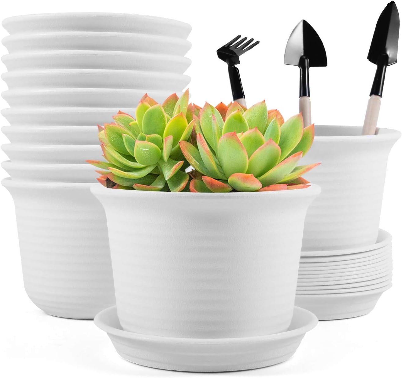Baodan macetas de plástico para plantas de 6 pulgadas con agujeros de drenaje y bandejas, macetas redondas decorativas para interior y exterior, juego de 12 plantas no incluidas (blanco)