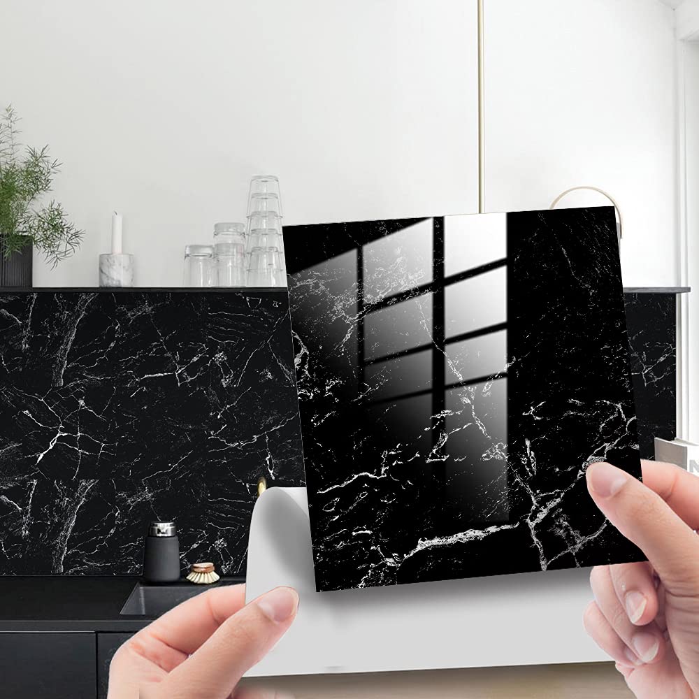 Horiwe Black Marble Pattern 2 Marble Tile Stickers For Kitchen Bathroom Backsplash Pvc Waterproof Oil Proof Diy Self Adhesive New Wall Stickers Home Decor 4X4 Inches 20Pc (, 10X10cm(4"X4"))