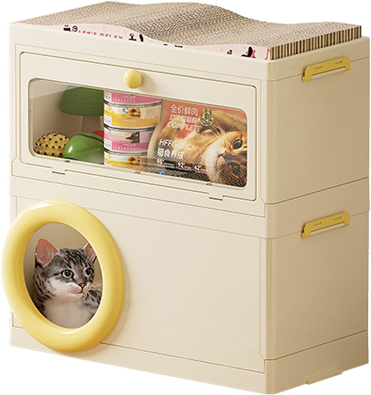 Cat Bed Large Cat House with Pet Supply Storage Cabinet and Scratching Pad, 23.6 x 11.8 x 23.4 inches Foldable Pet House for Outdoor Indoor Use