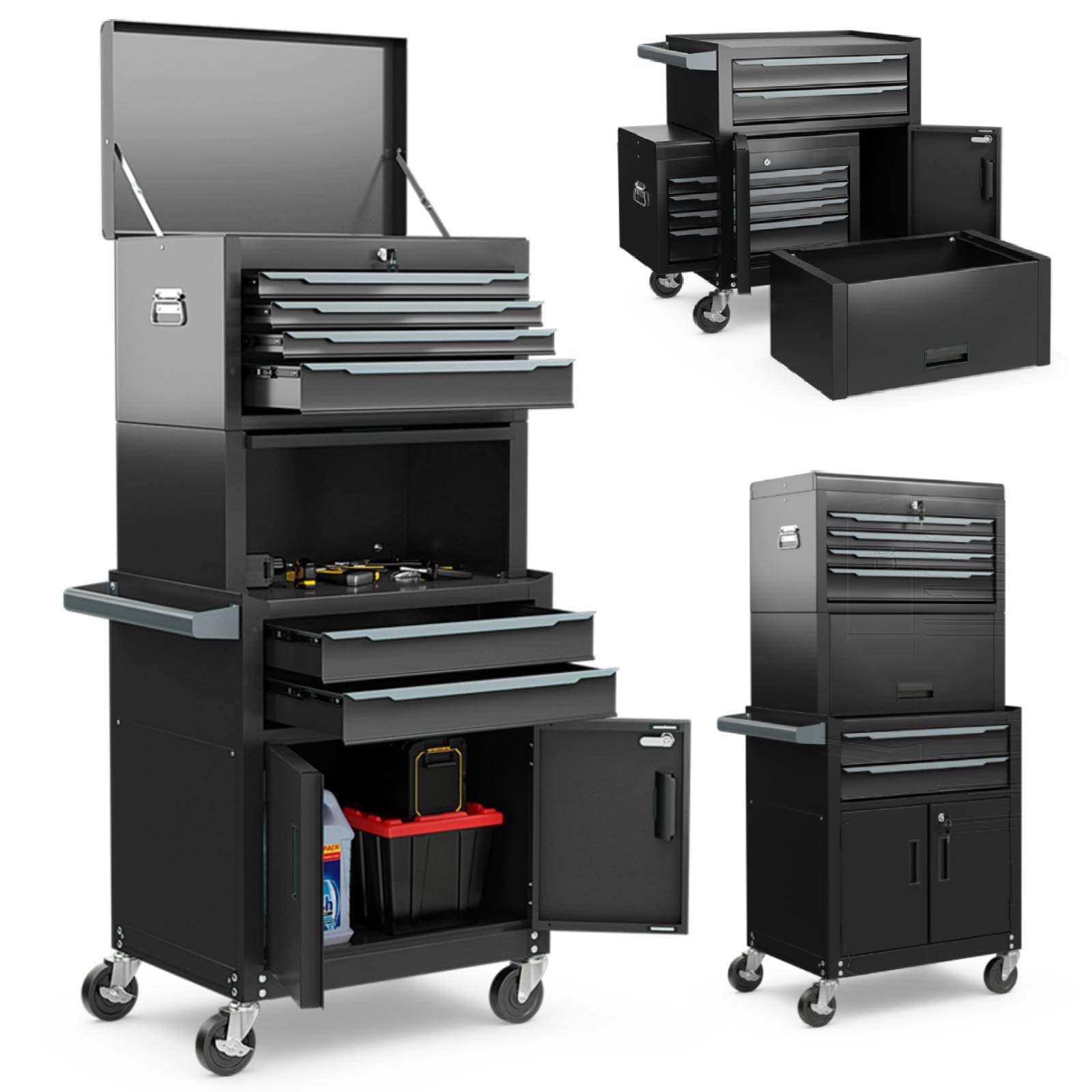 TANGZON Tool Cabinet, 2/3 in 1 Auto-Lockable Rolling Metal Tool Chest with 6 Drawers & Univeral Wheels, Heavy Duty Tool Box Organizer Cart Trolley (3 in 1, Black)