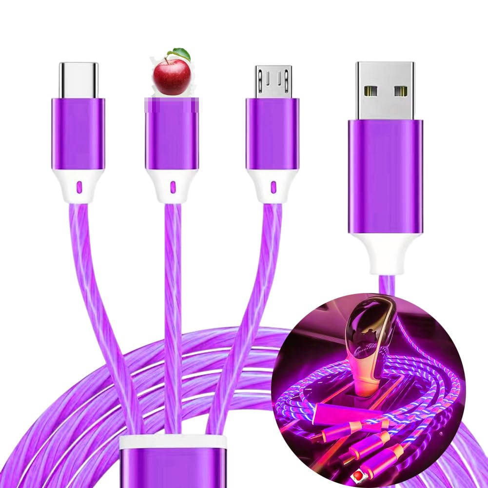 WYSHAK 3 in 1 Light up Charging Cable,Multi LED Charging Cable,Light Up Charger USB Cord,Compatible with Most Cell Phones(4ft,Purple)