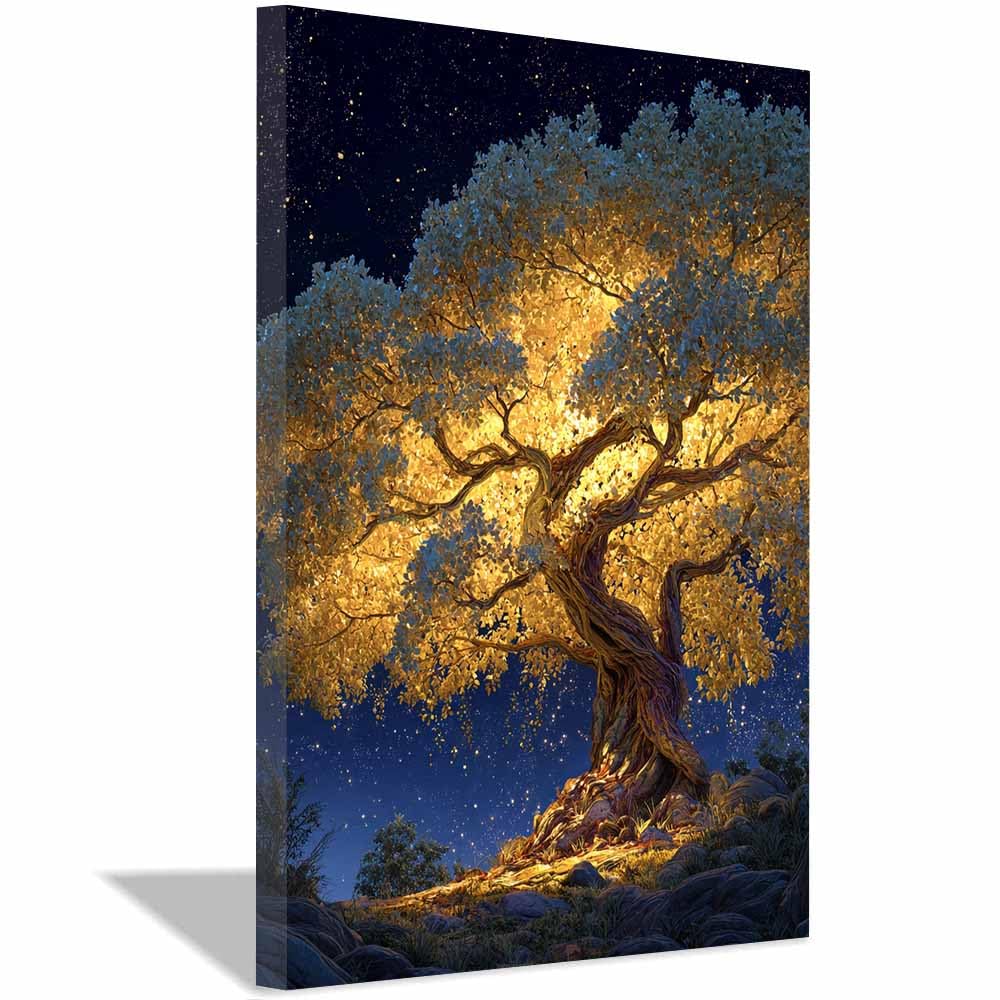 DMZPKZB Cuadro Sobre Lienzo áRbol Vida Decoración del Árbol Dorado Estrellado Grande DecoracióN Pared，Cuadro Vintage，Para DecoracióN De Dormitorio,Sala De Estar（Multicolor-60x90cm Enmarcado
