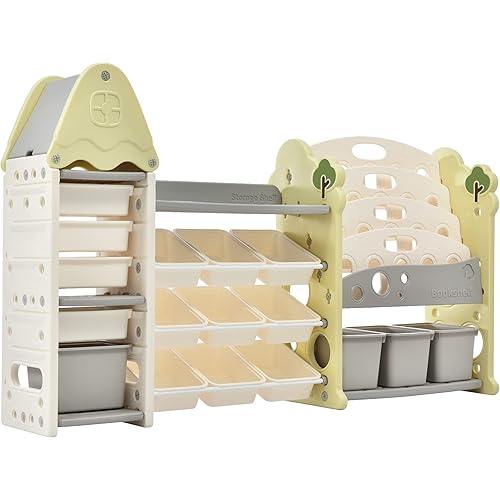 Toy Storage Organizer Kids Bookshelf with 17 Bins and 4 Bookshelves, Multi-Functional Nursery Organizer Kids Furniture Set Toy Storage