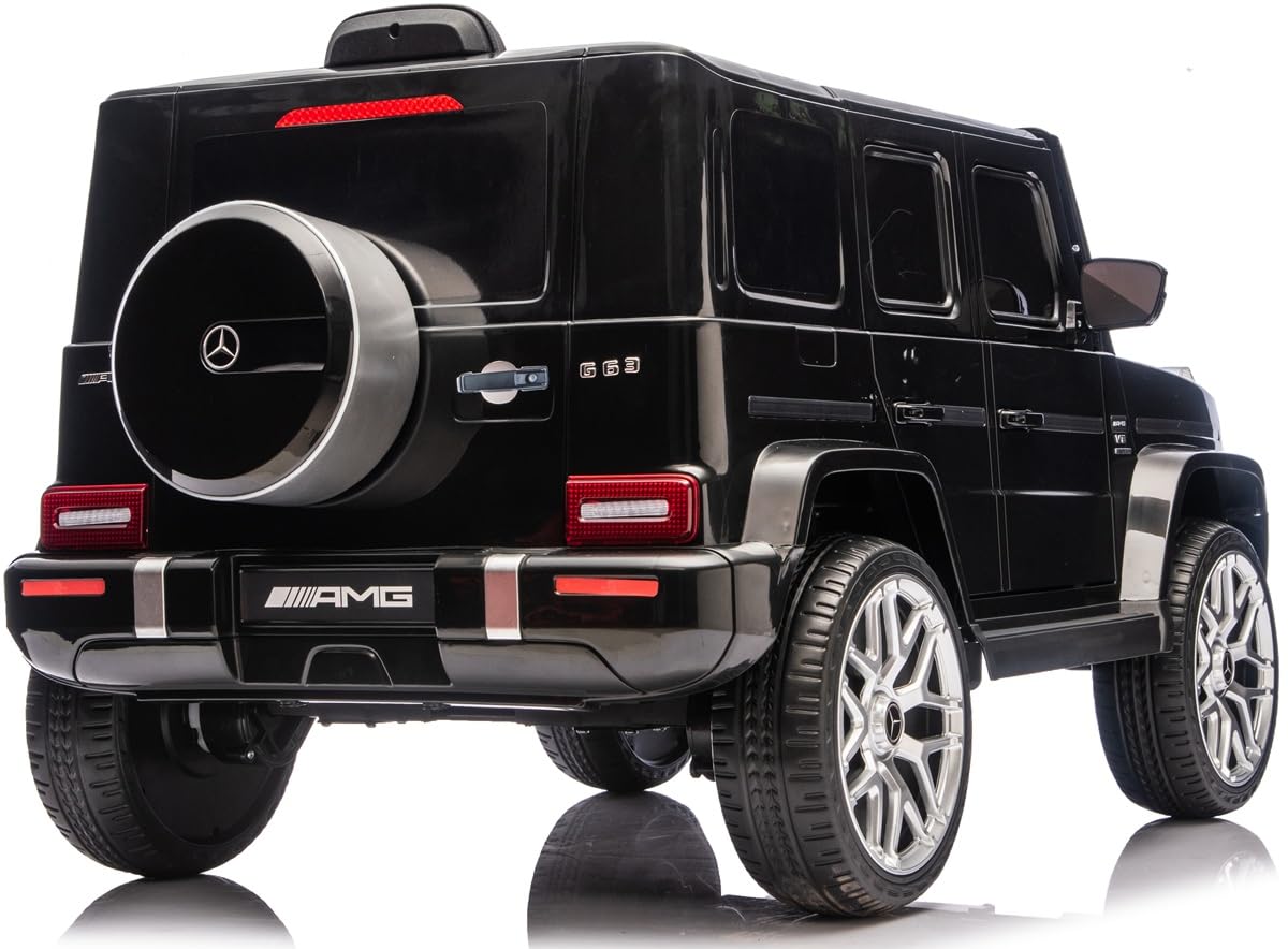 Playhouse Dziecięcy samochód elektryczny Mercedes G63 4 x 4 AMG 180 W, 12 V 9 Ah, skórzane siedzisko, 2 amortyzatory, koła EVA, pilot zdalnego sterowania, samochód dziecięcy (czarny)