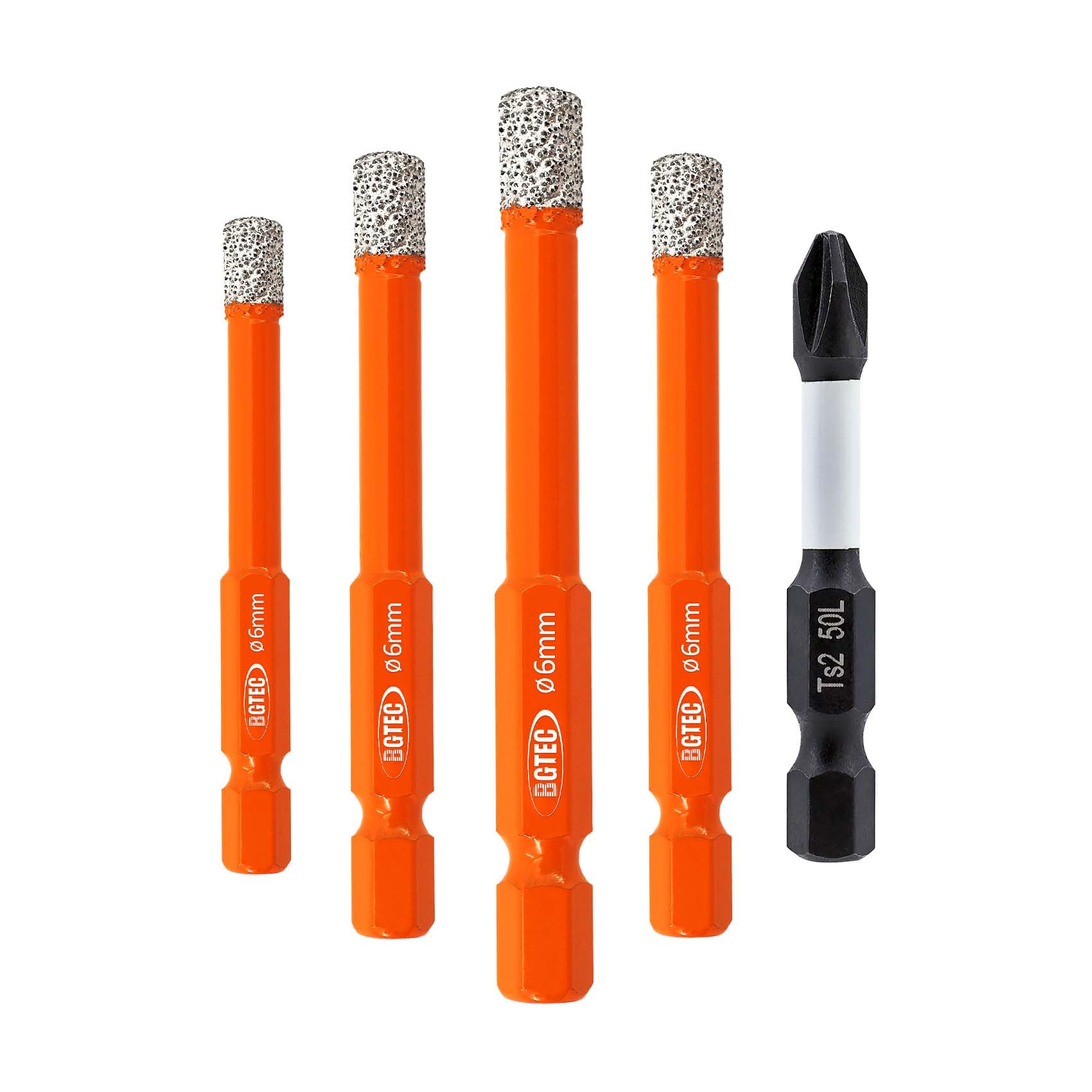 BGTEC Diamond Drill Bit Set 5PCS - 6MM*4 Tile Bits with PH2 Screwdriver Bit for Porcelain Tile Marble Granite Concrete Wood Masonry