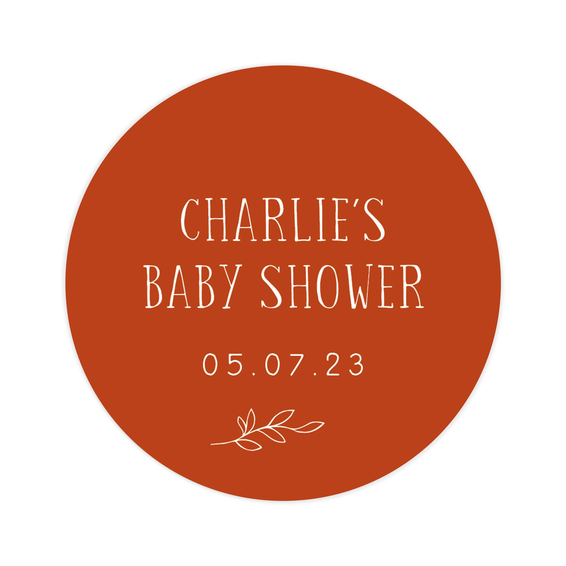 Personalised Baby Shower Stickers | Baby Shower Sticker/Labels | for Favors | Round Circle | Choice of Colours (Burnt Orange)