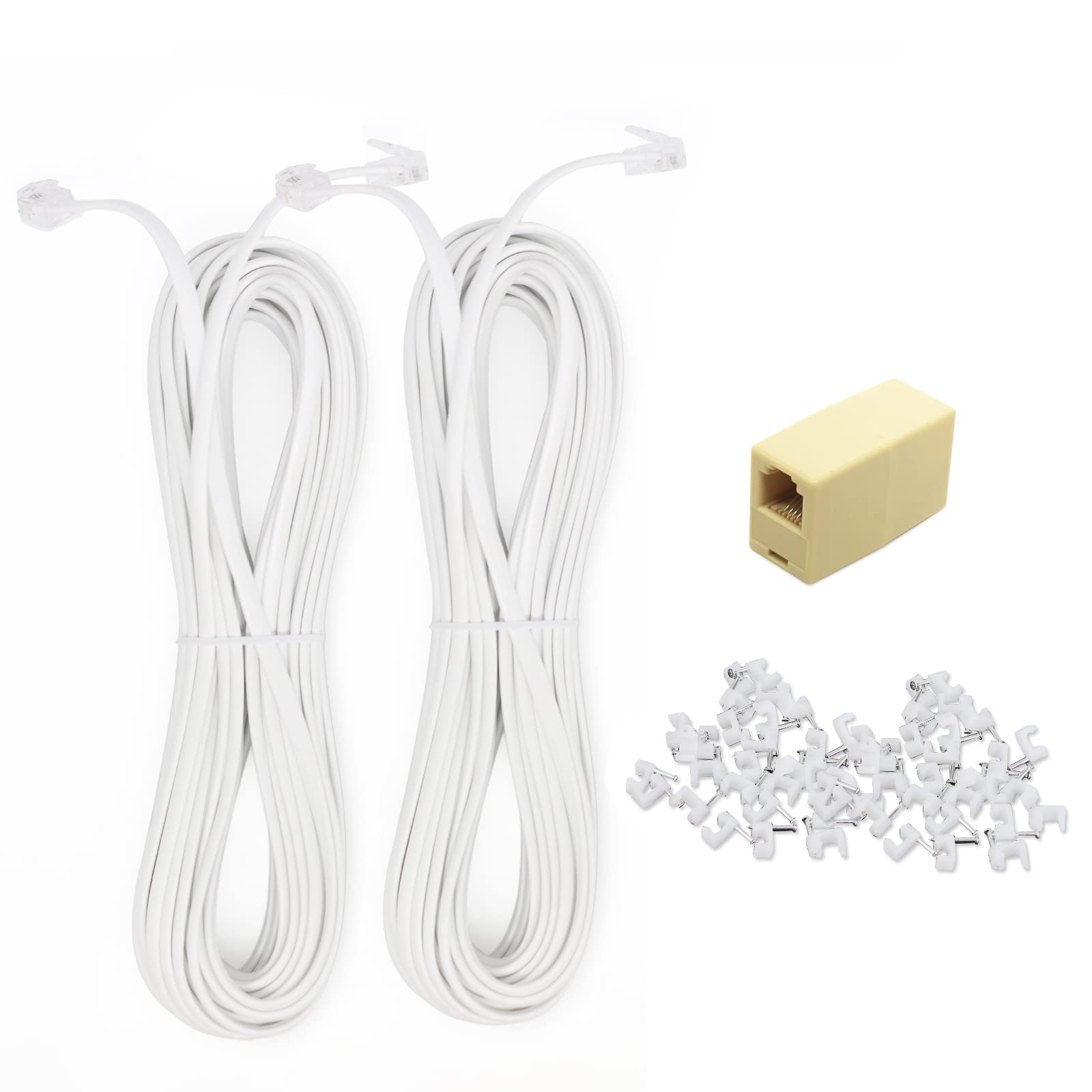Telefon-Verlängerungskabel, Stecker auf Stecker, flach, mit Standard-RJ11-6P4C-Stecker und 1-Zoll-Kupplung, 50 Stück Kabelklemmenhalterungen, 2 Stück