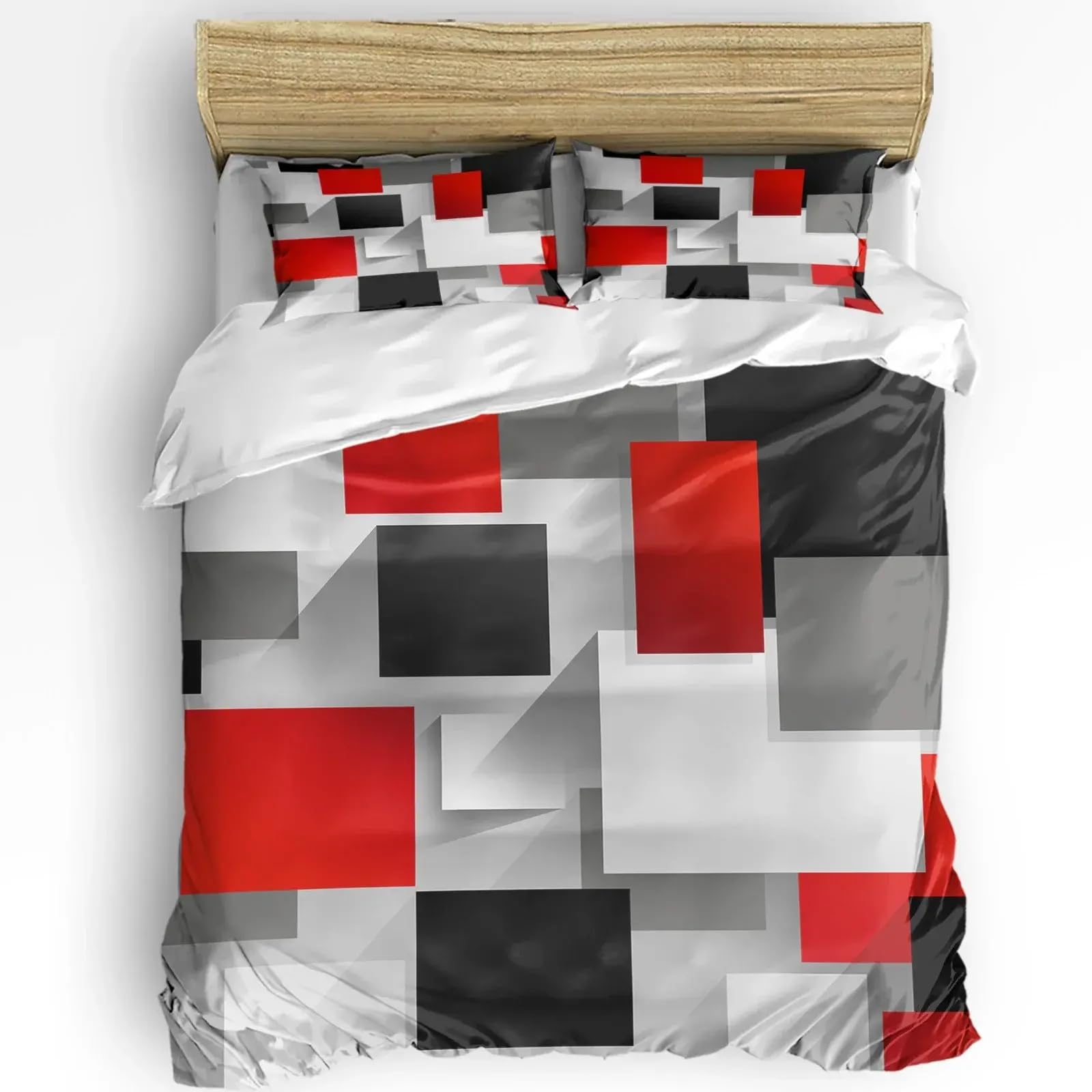 Housse de couette 228x228 géométrique abstrait rouge noir gris pour lit 2 personnes
