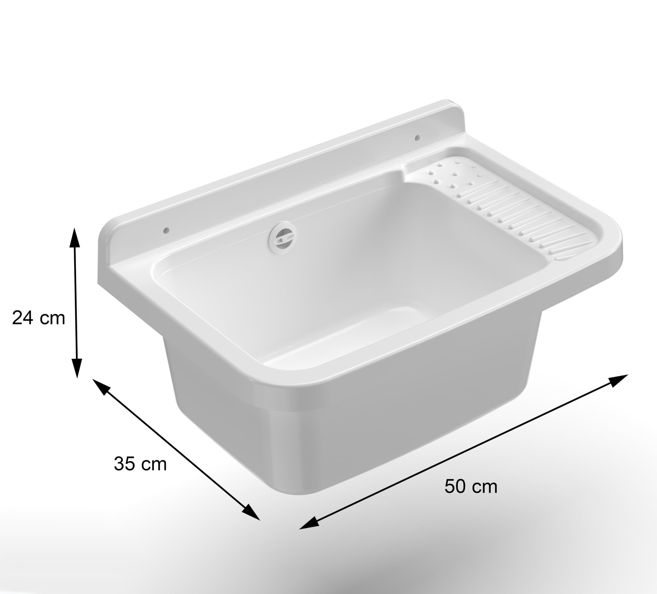 Adventa: Vasca lavatoio in resina di PP, fissaggio a Parete, Con Sifone e Piletta, Resistente agli acidi di uso comune, Lavanderia, Garage, Esterno, 50L × 33,5P × 24H cm, Bianco