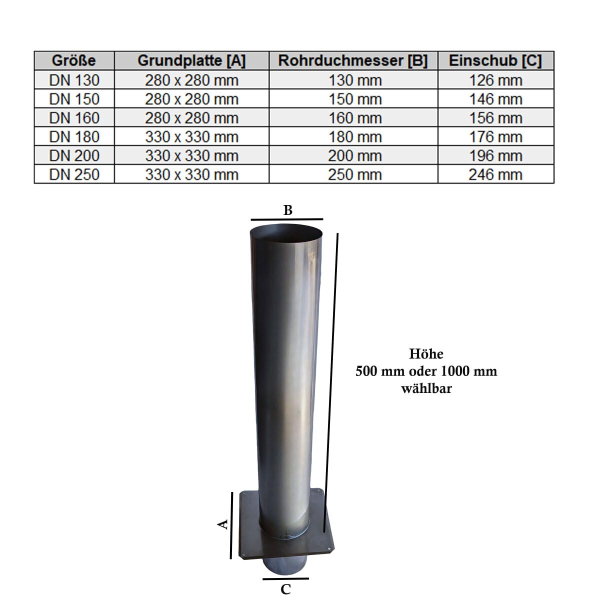Massive Kaminverlängerung/Schornsteinabdeckung Edelstahl V2A – mit rundem Einschub - DN 180, Höhe 1000 mm