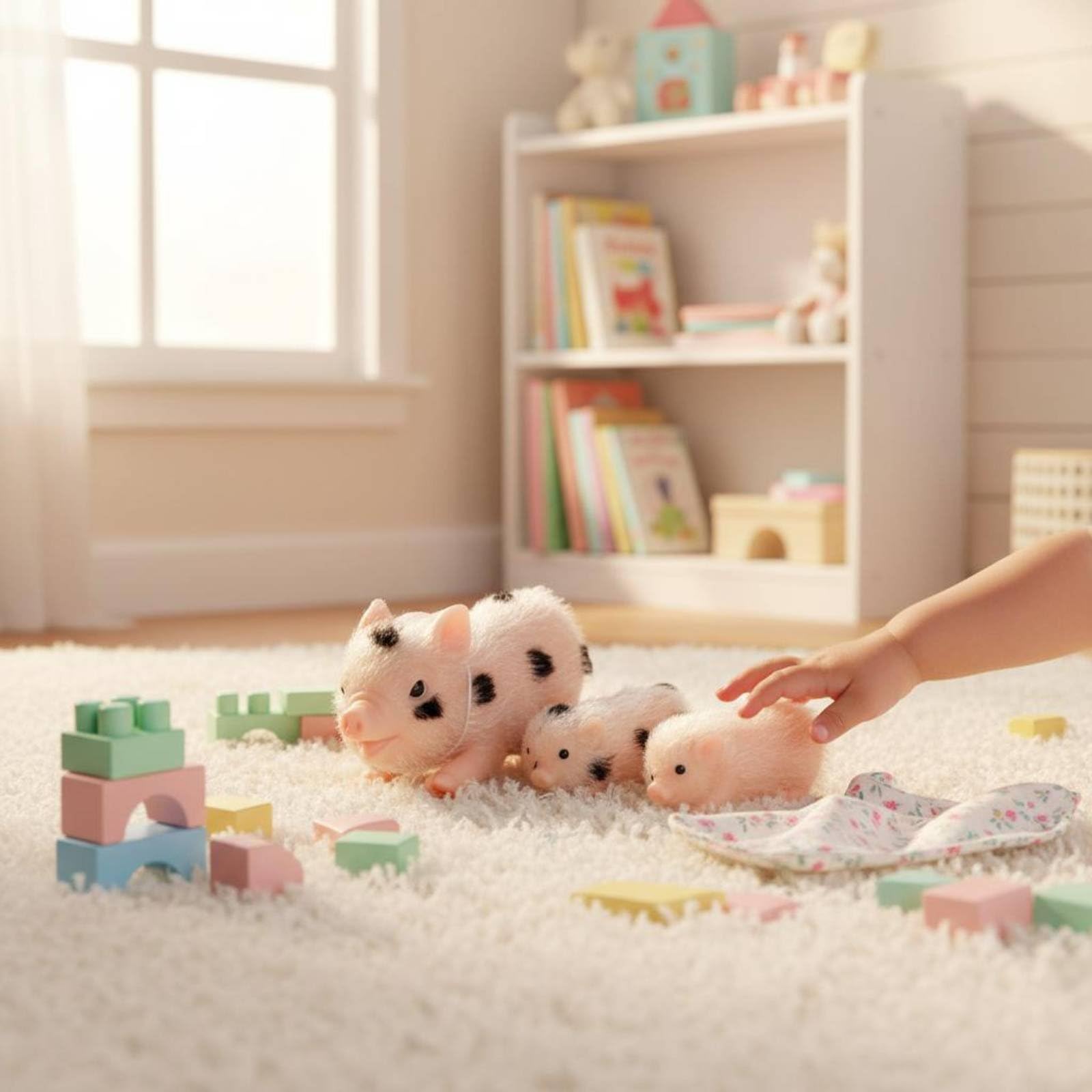Giocattolo Set Maialini Fattoria Accessori Alimentazione Silicone Morbido Sensoriale Collezione Storie Inventate Gioco di Ruolo Bambini Scrivania, Set Famiglia Di 3 Maialini Con 4 Accessori