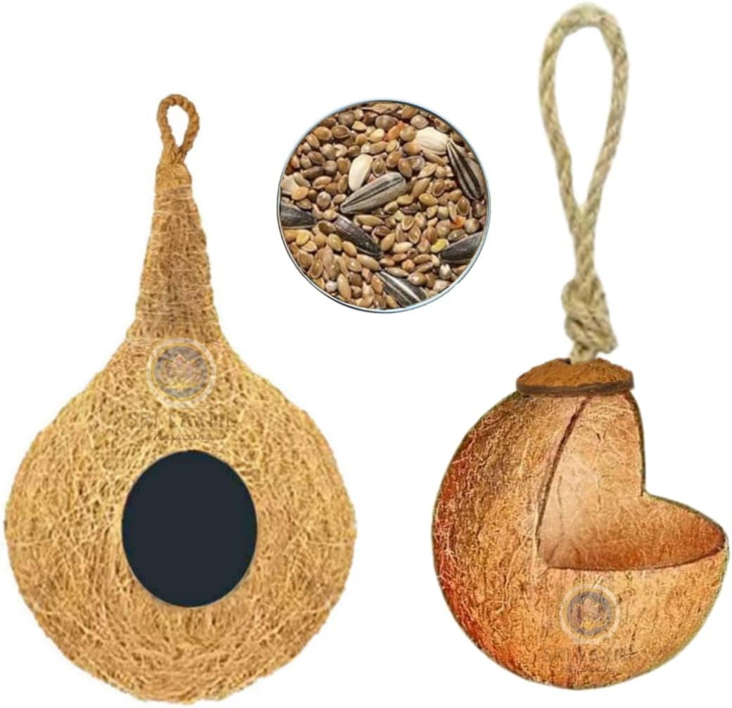 Natural Coconut Shell Bird Feeder and Bird Nest Handmade Bird House Large Size for Sparrow, Small Birds (Pack of Bird Feeder 1nos with Bird Seeds and Bird House 1nos)