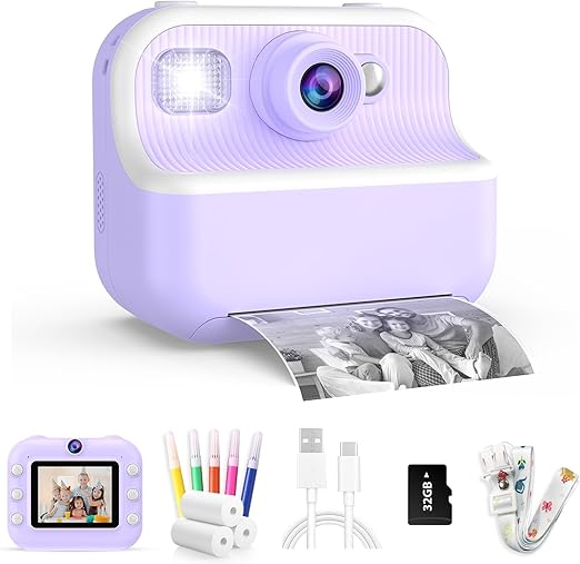 Kids Camera Instant Print, Christmas Birthday Gifts Toys for Girls & Boys Ages 3-12, Digital Selfie Portable Camera with 1080P HD Dual Lens, 3 Rolls Print Paper & 32GB Card (Purple)
