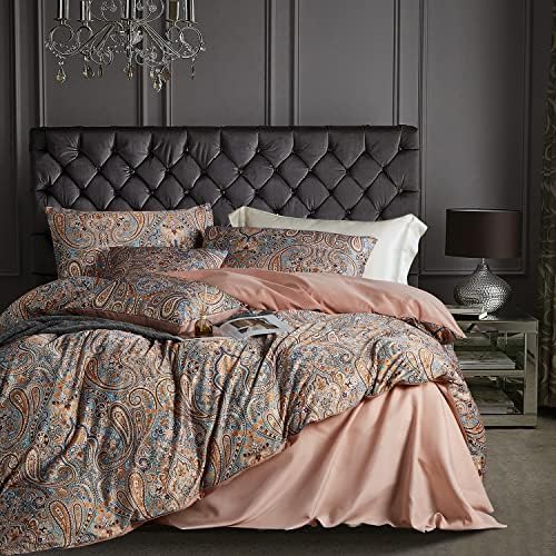 OranFran Gold Duvet Cover Set,5 PCS Medallion Paisley Print Comforter Cover Set,Bohemian Pattern Bedding Set,Vintage Style Flower Duvet Cover,Soft Reversible Design(Paisley,King/California King)