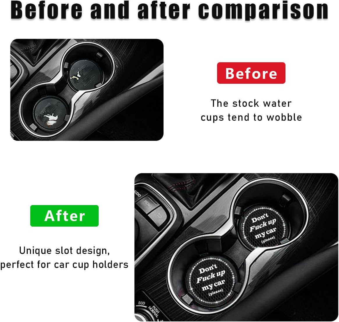2 PCS Bling Car Cup Coaster, 2.75 Inch Anti-Slip Cup Holder Insert Coasters, Crystal Rhinestone Auto Drink Car Cup Mat for Women Girls, Universal Interior Car Accessories (Black)