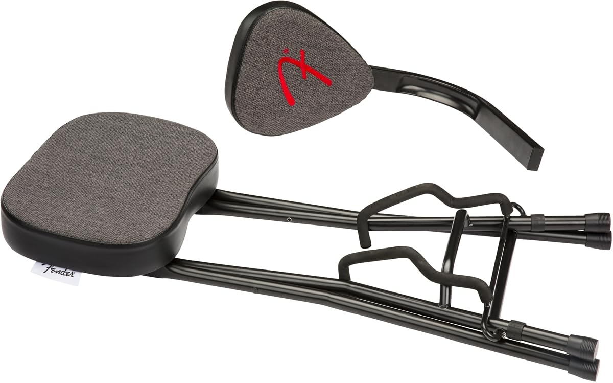 Fender 351 Sitz- und Gitarrenständer-Kombination, Zusammenklappbares Design, Abnehmbare Rückenlehne, Grauer Tweed-Stoff, rutschfeste Füße