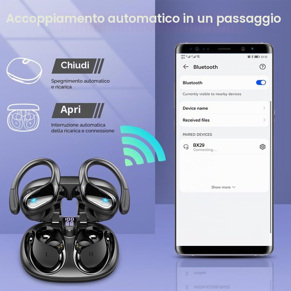 Cuffie Bluetooth Sport, Auricolari Bluetooth 5.4 HiFi Stereo, 75 Ore Cuffie Wireless Cancellazione Rumore, IPX8 Impermeabile Cuffiette Bluetooth, Ricarica Rapida USB-C, Cuffie Senza Filo LED Display