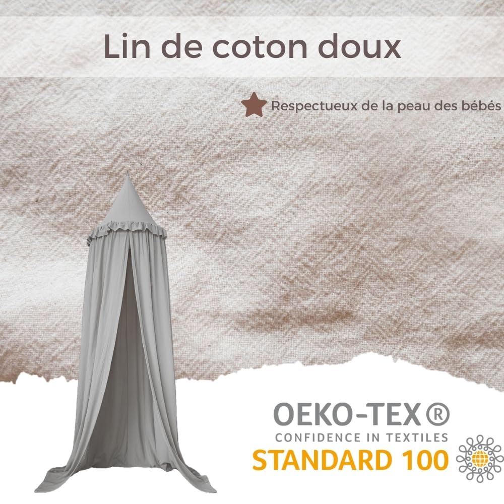 Wonder Space Ciel de Lit avec Volants pour Enfants, Couleur Neutre Pastel, Frills Tente en Coton, Salle de Pépinière et Rideau de Lit Bébé Suspendu, Moustiquaire Décoratif Coin Lecture (Gris)