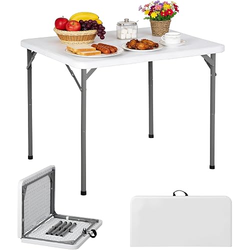 ZENY 34inch Fold in Half Square Table, Portable Plastic Dining Card Table for Kitchen or Outdoor Party Wedding Event, Bi-Folding Picnic Camp Dining Table, White