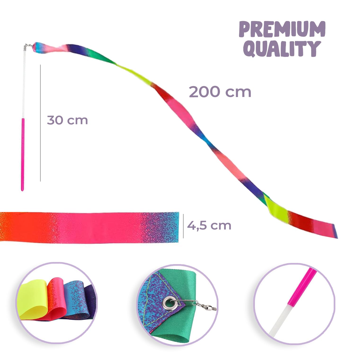 2 Multicolored Gymnastics Ribbons for Children & Adults, Ribbons - Multicolor - Image 3