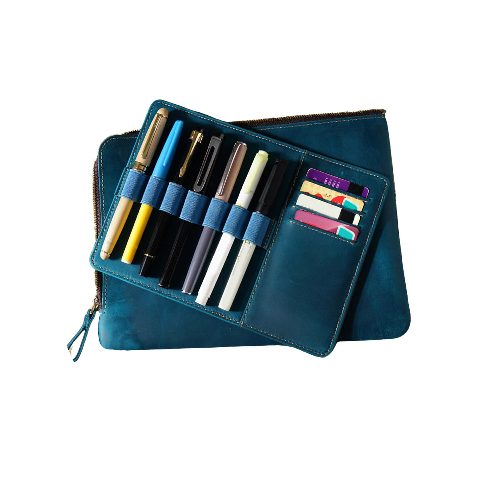 Portapenne con multi scomparti e tasca porta carte, Pan blue