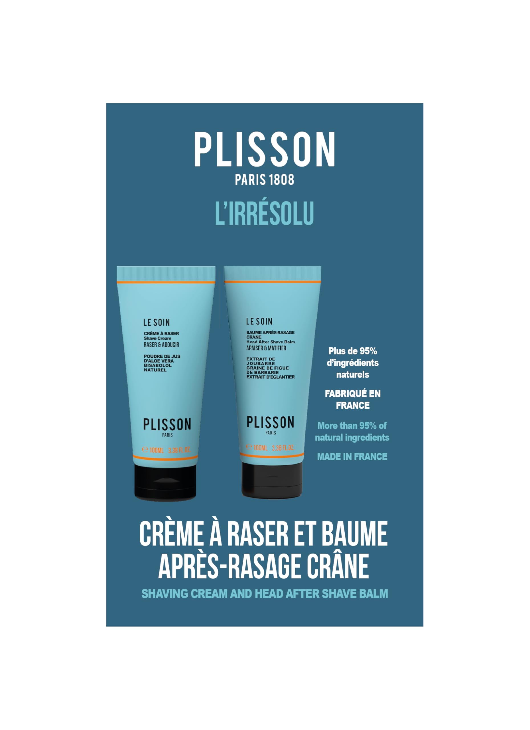 Plisson - Duo L'Irrésolu - Balsamo dopo barba per il cranio 100 ml + Crema anti-invecchiamento 50 ml - Tutti i tipi di pelle - 95% di ingredienti di origine naturale - Fabbricazione francese