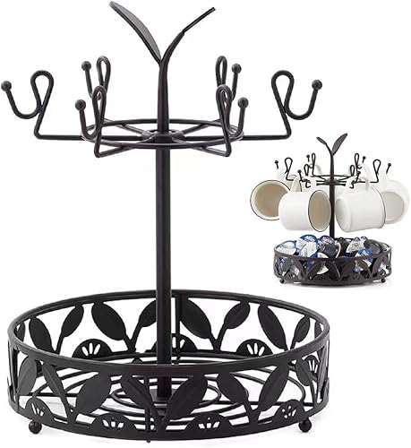 Soporte para taza de café, soporte de árbol para bar, cocina, taza, árbol con cesta de almacenamiento, soporte multifuncional para taza de café para