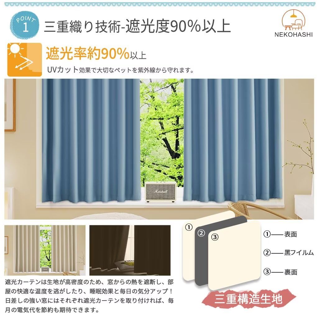 Amazon｜NEKOHASHI 遮光カーテン 190cm丈 幅250cm 小窓 ドレープ