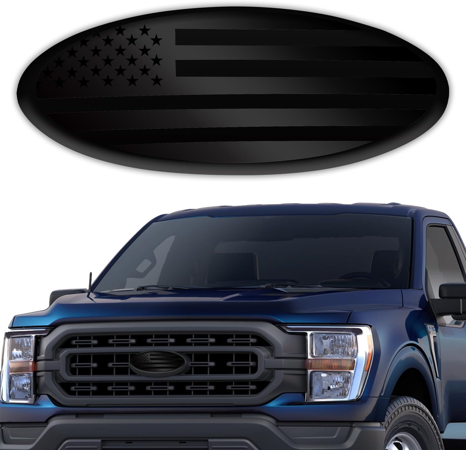 Tailgate Emblem for Ford F150 F250 F350 Black American Flag 9 Inch Front Grill Emblem for Ford Emblem, Aluminum Oval Overlay Front Grill Rear Tailgate American Flag Decal Badge(Black)