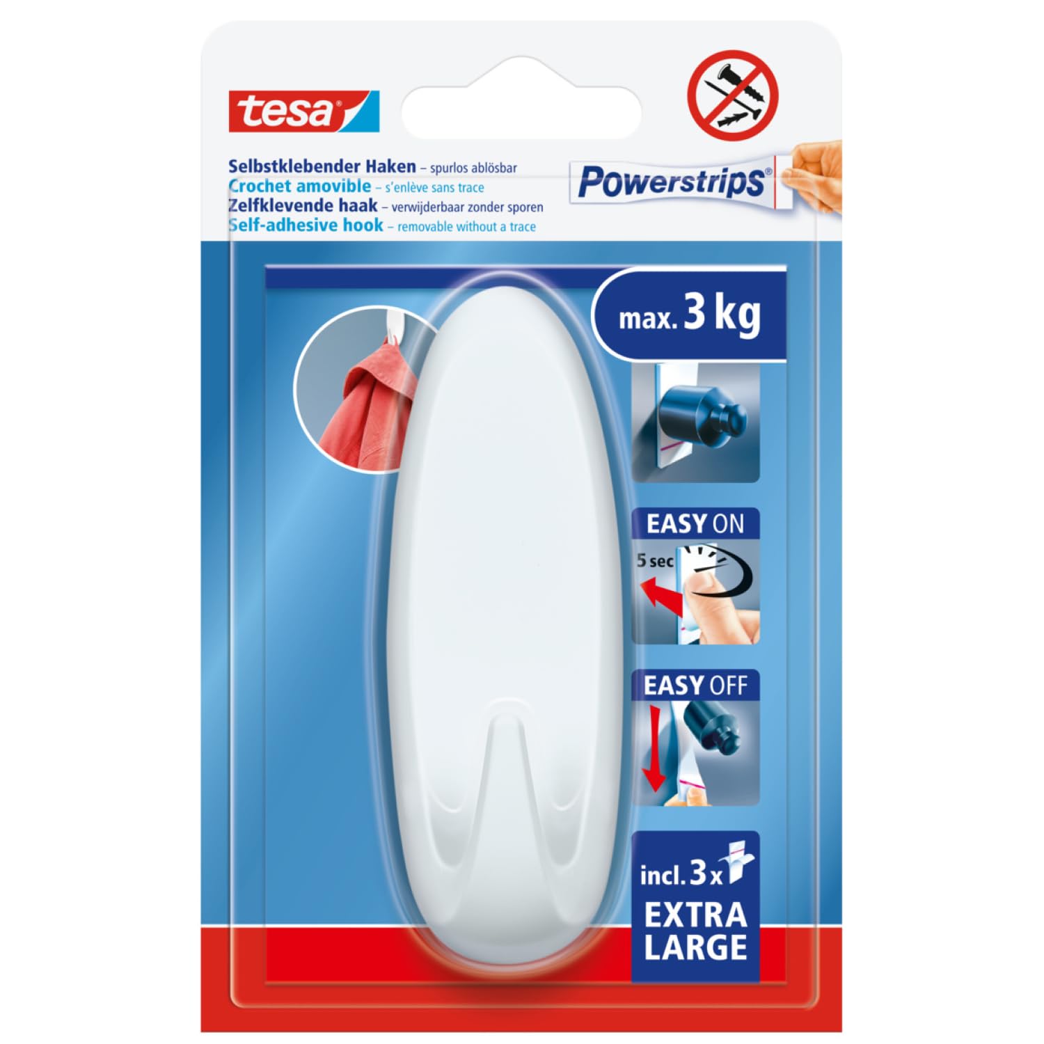 tesa Powerstrips Self-Adhesive Hook XL - Oval with Extra Strong Hold - Drill-Free Mounting - Reusable for Bathroom or Kitchen - White - 1 x Hook, 3 x Powerstrips XL