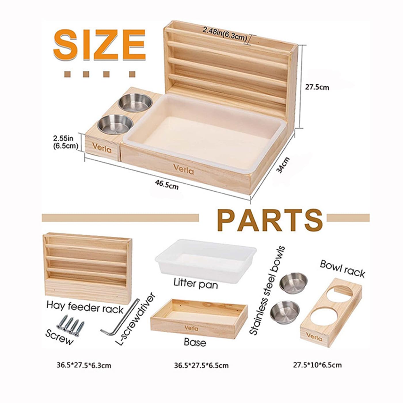 Comedero para heno Extragrande 3 en 1 con Bandeja Sanitaria y Cuencos, Soporte para heno, Inodoro, Rejilla de Madera para Comida, Apto para Conejos, cobayas