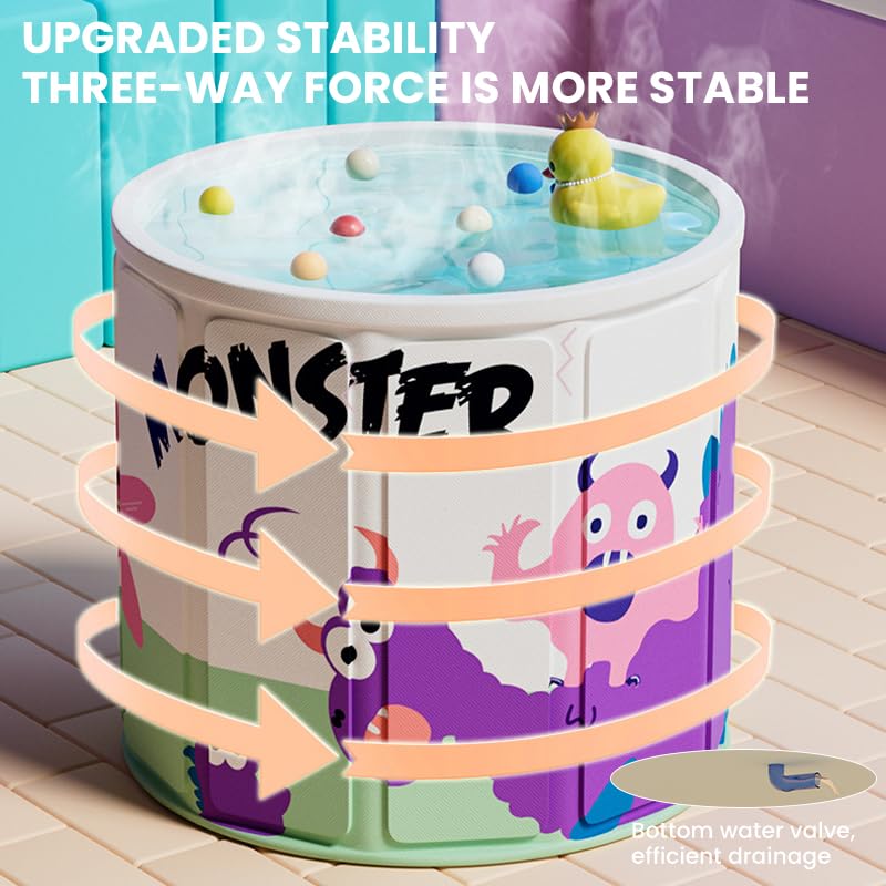 Image of HANNEA Folding Bath Tub for Adult for Bathroom Home SPA 27 inch Multifaceted Ice Bath Tub for Adults PVC Thermal Portable Bathtub for Cold Therapy Sitting Bucket with Drainage Pipe Cartoon