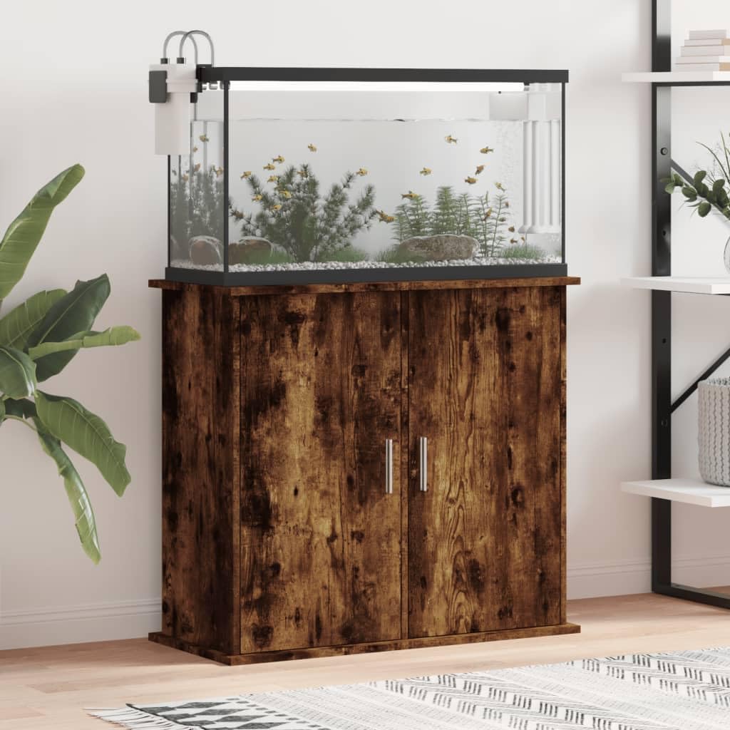 Gecheer Elegant Engineered Wood Aquarium Stand with Storage - Smoked Oak Finish, 81x36x73 cm Model833628