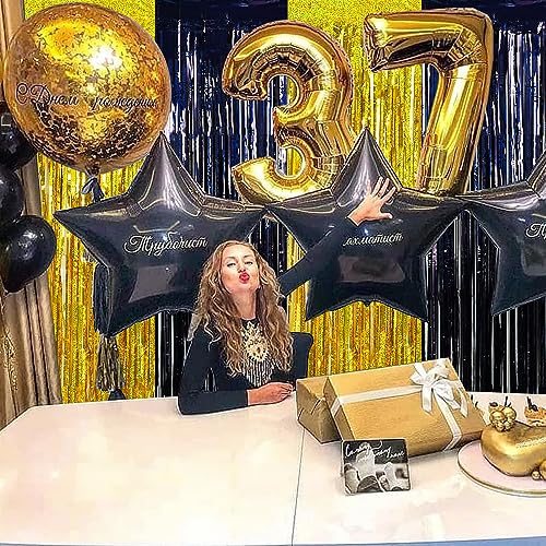 Image of BEISHIDA 4 Pcs Black and Gold Party Streamers Fringe Foil Curtain Backdrop Tinsel Background Party Decoration for Door Wall Graduation Birthday Wedding Anniversary Christmas Party Decoration