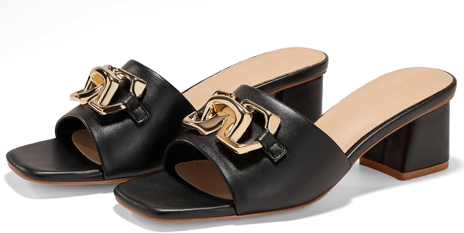 Women's Raffia Slide Sandals Square Open Toe Sandal Chunky Heeled Metal Chain Dressy Shoes