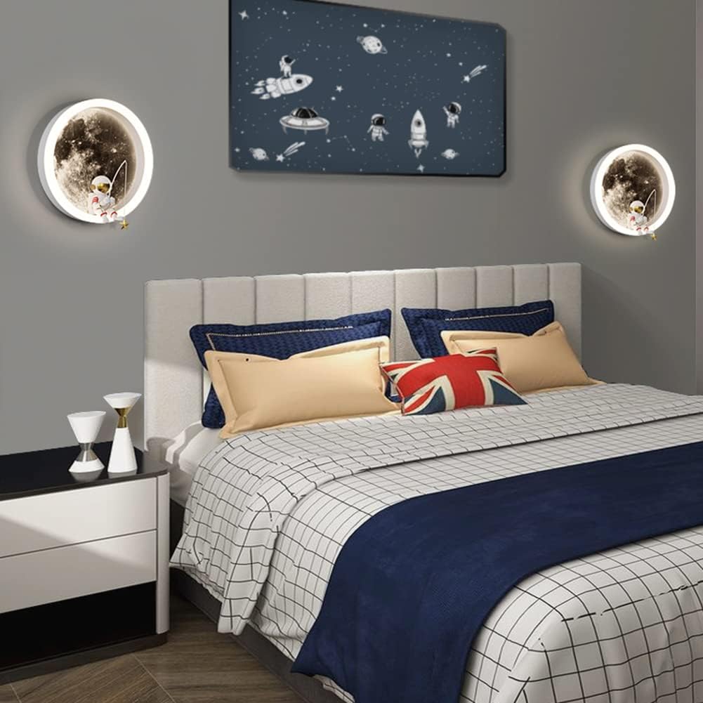 LED bambini luce di luna parete luce, decorazione astronauta interna, 3000K 12W bambini circolare camera da letto Bianco