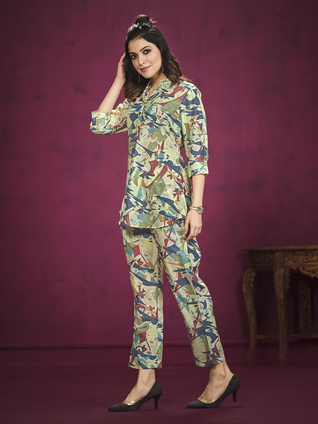 Nainvish Women's Polyester Printed Straight V-Neck Co-Ord Top & Pant Set (Sd593_Kb-Xl_Green)