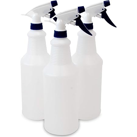 CSBD 32oz Plastic Spray Bottles, Empty and Reusable for Cleaning Solutions, Water, Auto Detailing, or Bathroom and Kitchen, Commercial and Residential, 3 Pack (White/Blue)