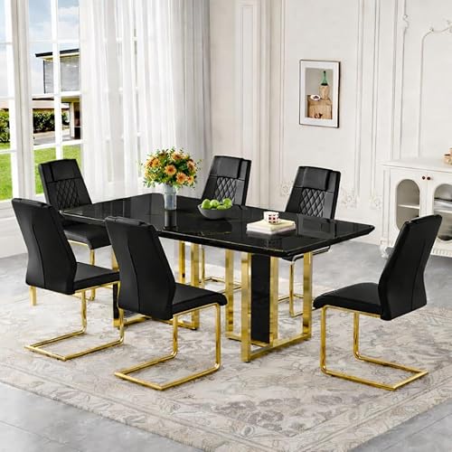 Miniatura 35 de Juego de mesa de comedor MEMUY para 8, 79" Juego de mesa de comedor de mármol falso para 8 con superficie brillante blanca, juego moderno de mesa de