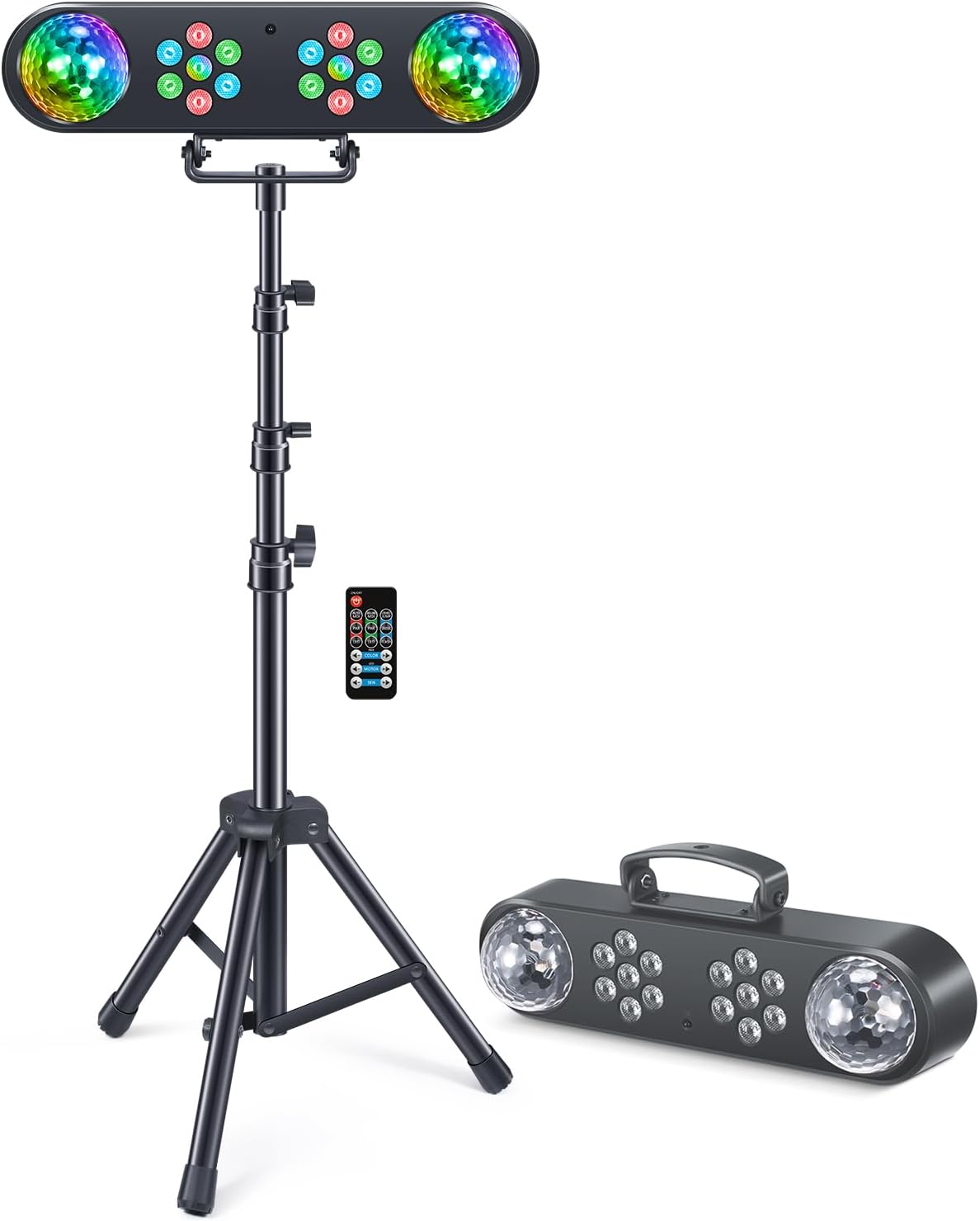 DJ Lights with Stand, Rotating Disco Ball PartyBar Light Set, LED DJ Lights Remote & Sound Activated, Mobile Stage Lighting Package, for Parties Gig Bar Move Band Wedding Halloween Christmas