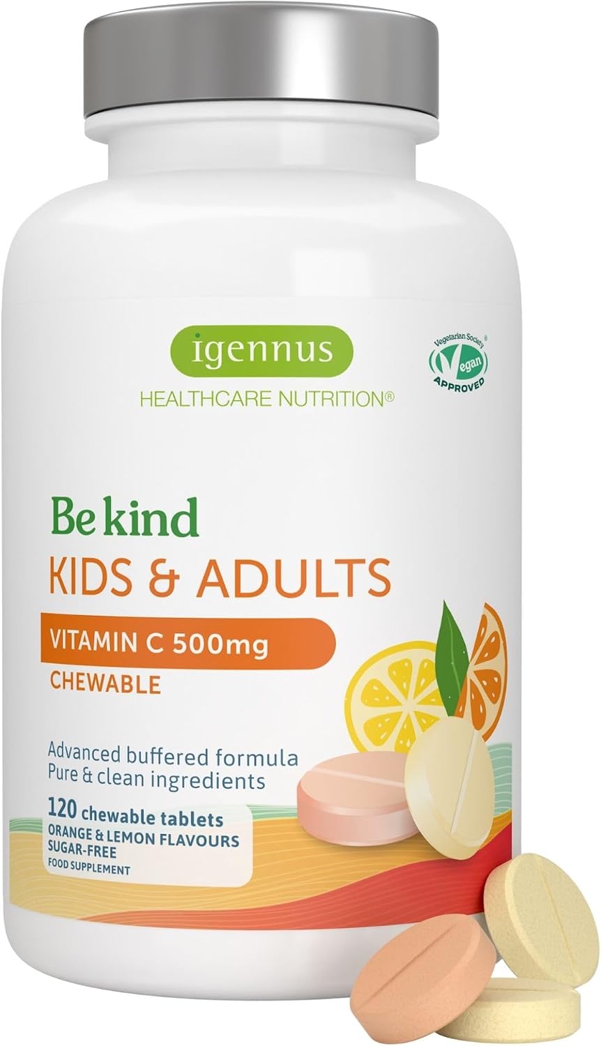 igennus sugar-free vitamin c chewable tablets 500 mg 120-240 services children & adults clean label & well tolerated shapes highly absorbed buffered formula orange & lemon flavor