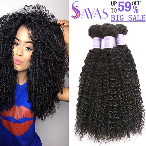 Sayas Hair Brazilian Curly Hair Weave 3 Bundles 14 16 18 inch Total 300g(10.5oz) Brazilian Virgin Kinky Curly Human Hair Weave 8A 100% Unprocessed Hair Weft Extensions Natural Black Color