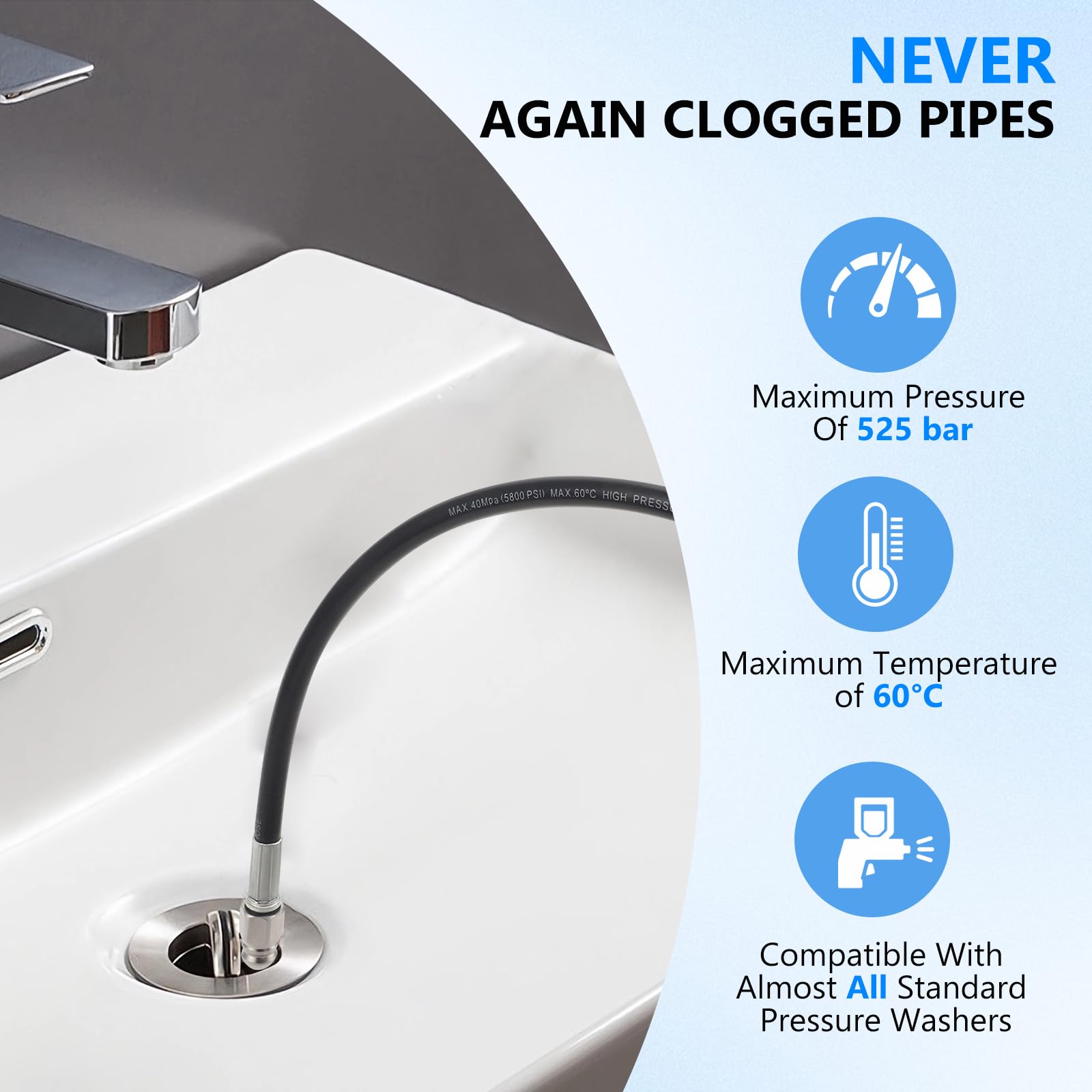 Tubo per la pulizia dei tubi, 30 m, ad alta pressione, 210 bar, 60 °C, con adattatore, ugelli rigidi e rotanti, custodia, prolunga per tubo Kärcher compatibile con Kärcher K2-K7 Lavor, Bosch, Parkside