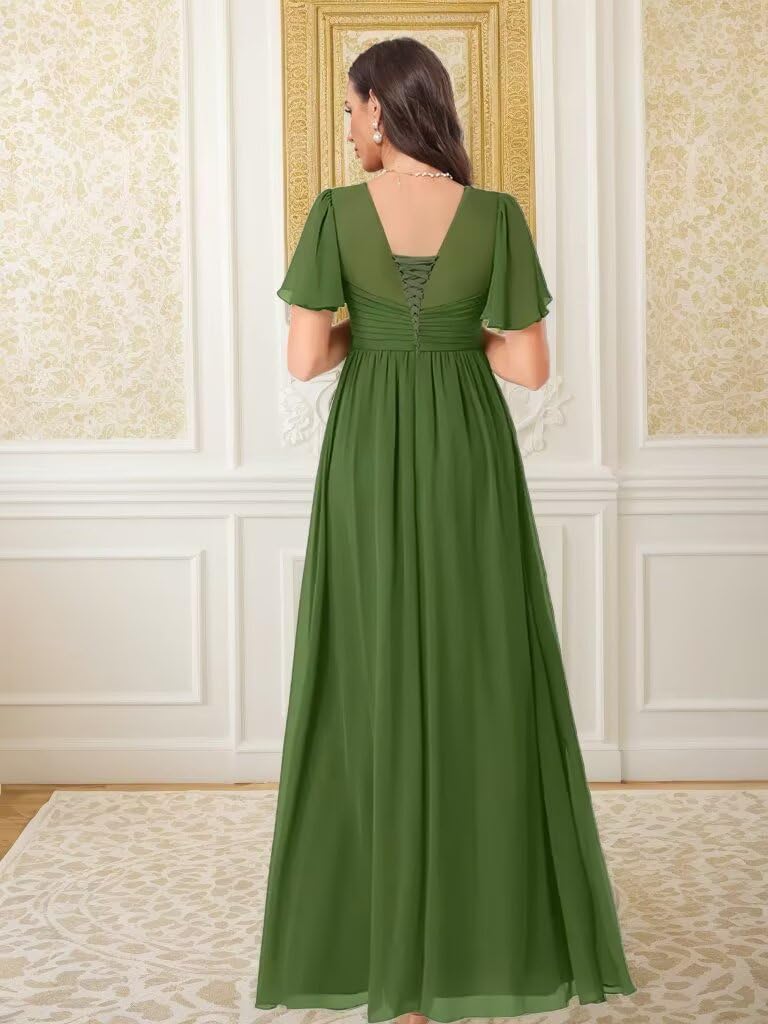 Chiffon Maternity Dress for Photoshoot V Neck Pregnancy Dresses with Flowy Sleeve Pleated A Line Baby Shower Gown