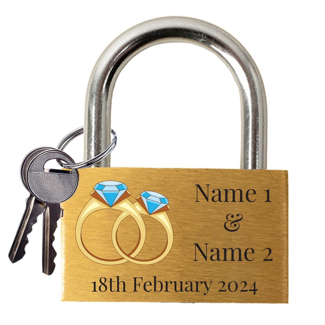Star Online Gold, Silver Personalized Engraved Love Lock - Wedding & Anniversary Ceremony Gift - Custom Padlock Couples Name Linked Hearts Romantic Bridge Keepsake (Diamond Rings)
