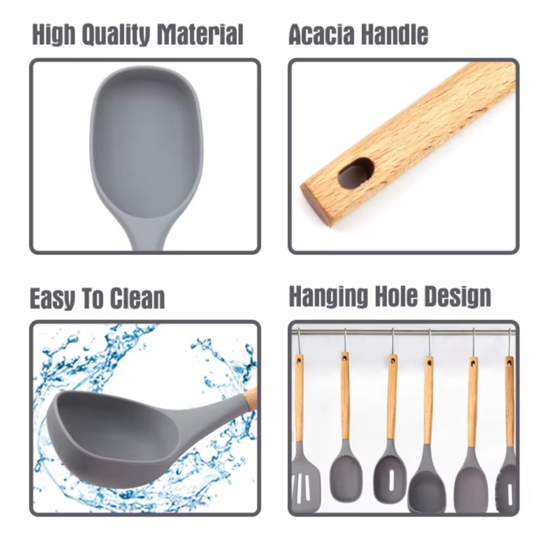 Premium Silikon Küchenhelfer Set - 7-teiliges Kochutensilien mit Akazienholzgriffen und Bambushalter, antihaftbeschichtet, hitzebeständig, BPA-frei, elegantes Küchengeschenk (Grau -7 Stück)
