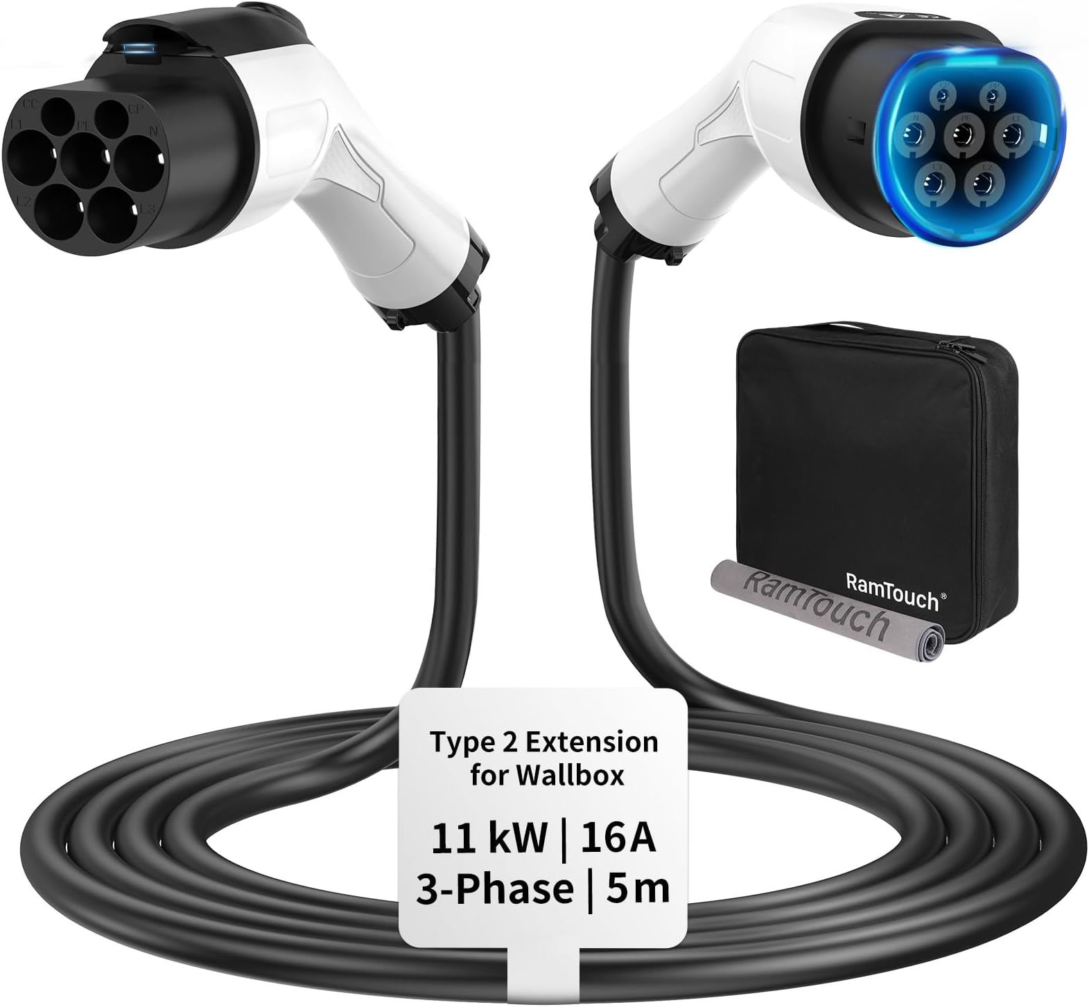 EV Charger Extension Cable (16 A, 11 kW, 5 m, 3-Phase) - Type 2 Extension Cable for Tethered EV Chargers, Wallboxes and Charging Stations, EV Extension Cord for Electric Vehicles & Hybrids